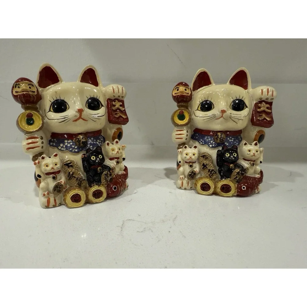 Lot Of 2 Japanese Maneki Neko Lucky Cat Coin Bank Koneko Ceramic 4